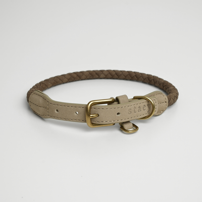 Kaia braided dog collar in taupe leather with a brass buckle