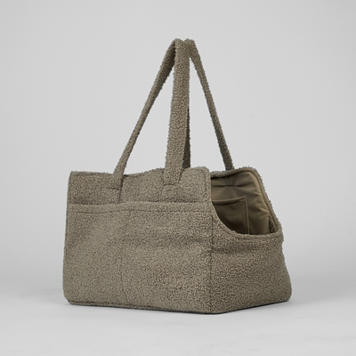 Vilda dog carrier bag in teddy fleece with long shoulder handles